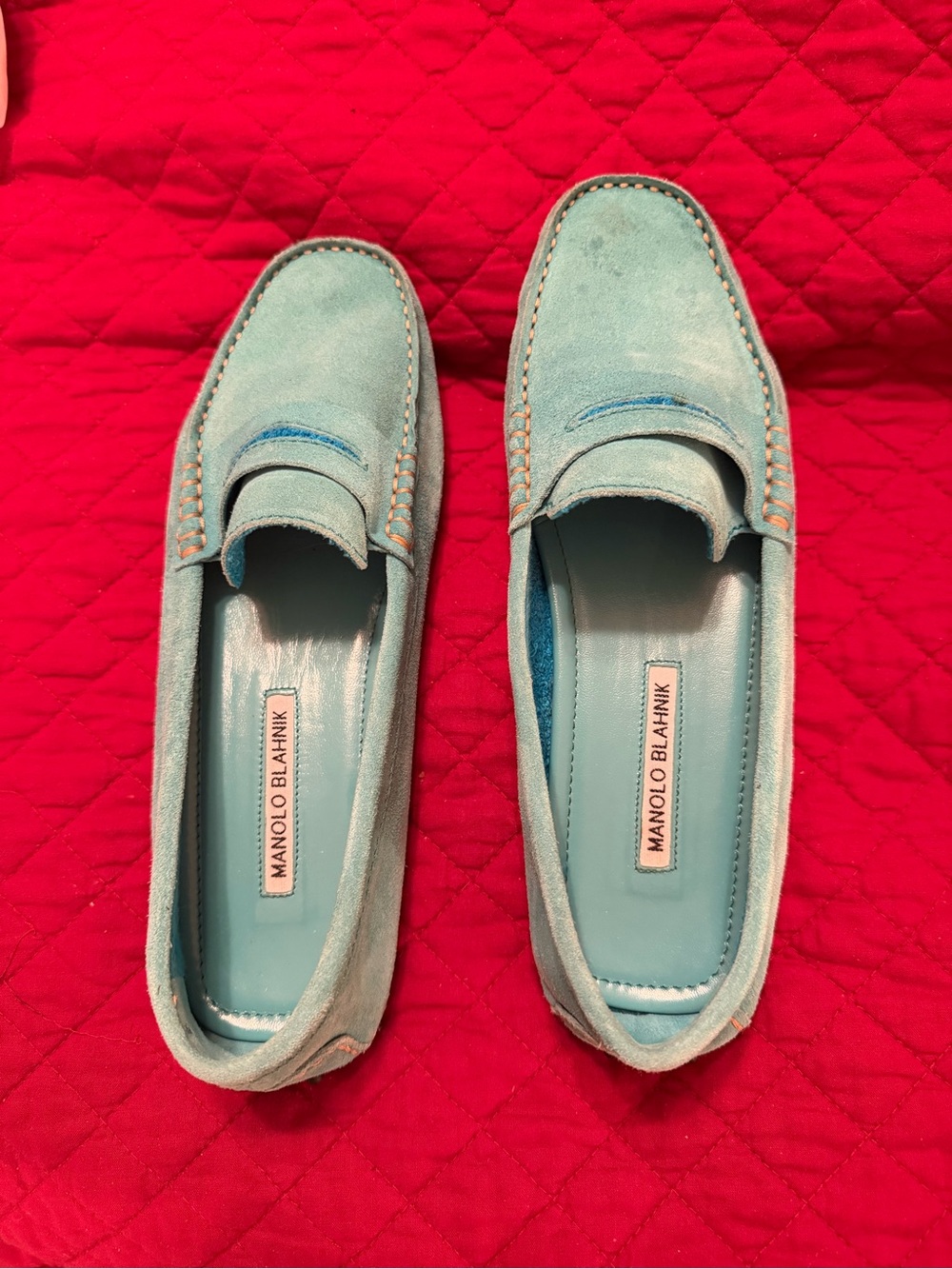 Manolo Blahnik Aqua Suede Penny Loafers - Women's